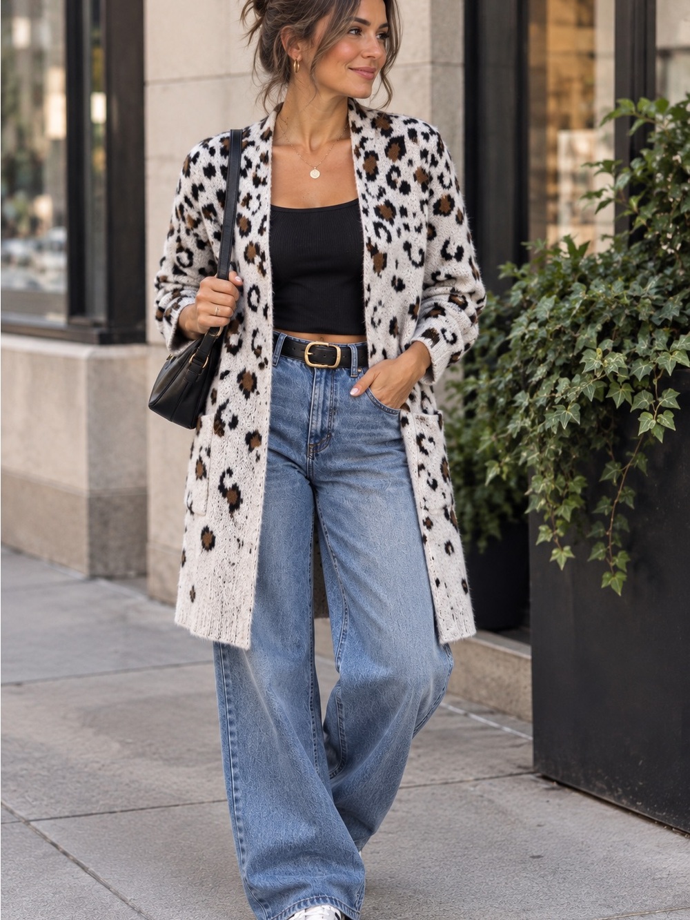 Nine West M Gray Leopard Animal Print Long Knit Cardigan Open Front Pockets